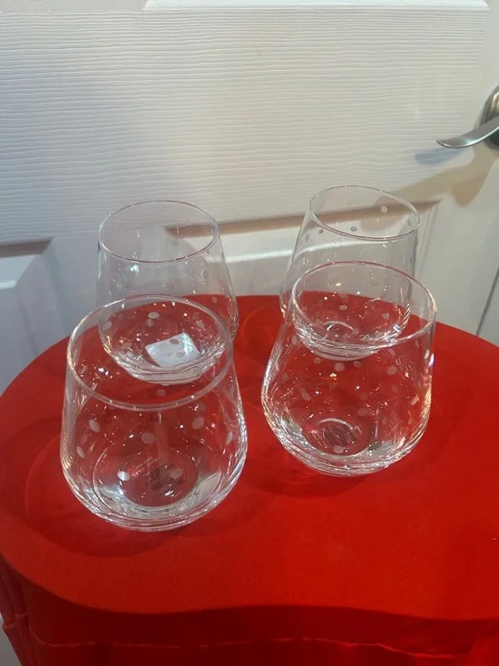 kate spade Clear Stemless Wine Glass with Green Base and White/silver Polka Dots - Picture 4 of 5